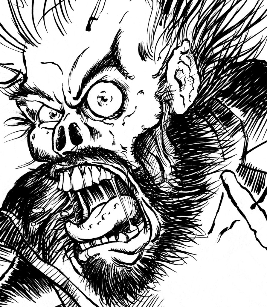 Ink test for Metal Messiah - a cartoony face/skull screaming at the viewer with blue line work eliminated.