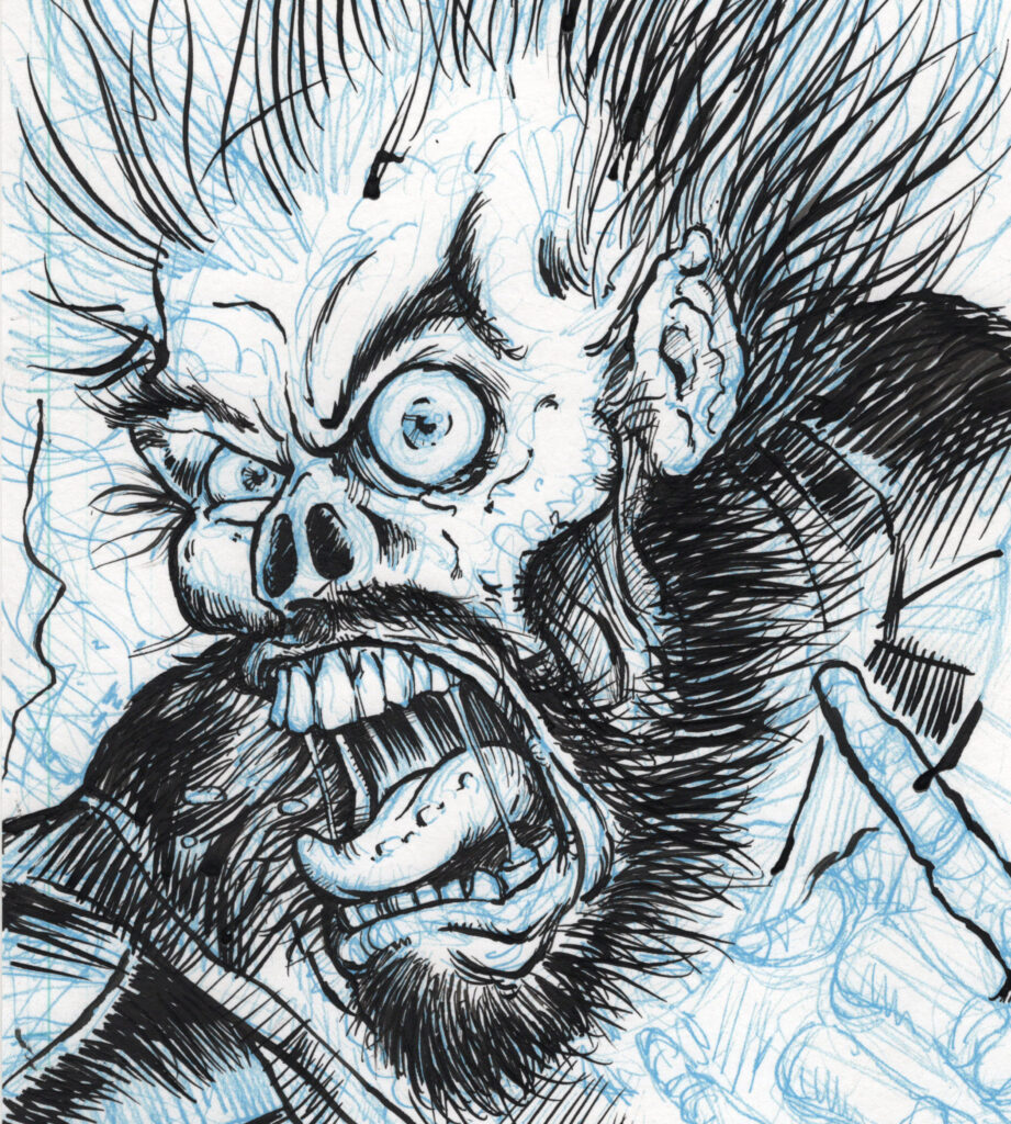 Ink test for Metal Messiah - a cartoony face/skull screaming at the viewer with blue line work visible underneath.